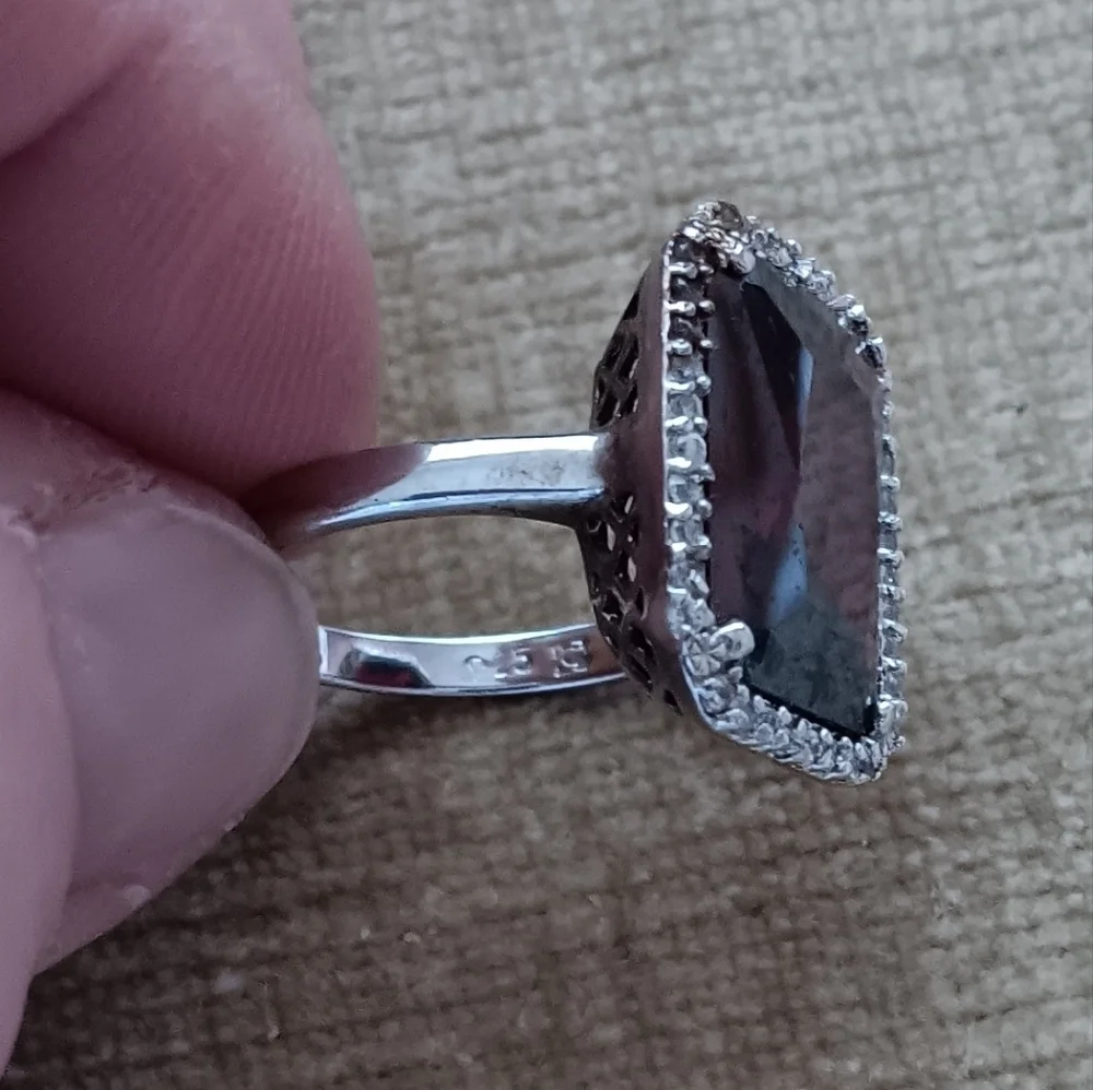 Rectangular Multi Faceted Deep Red Glass Silver Ring
